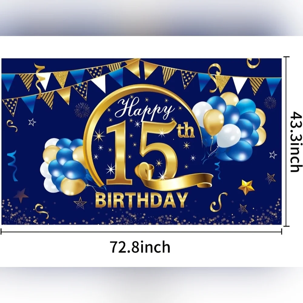 Blue and Gold 15th Birthday Banner